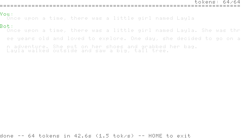 PSP framebuffer at the end of a 64-token bench run. Prompt 'Once upon a time, there was a little girl named Layla', completion below, footer reads '64 tokens in 42.6s (1.5 tok/s)'.