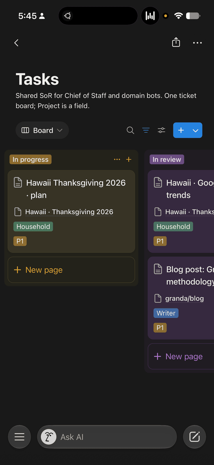 Notion Tasks board