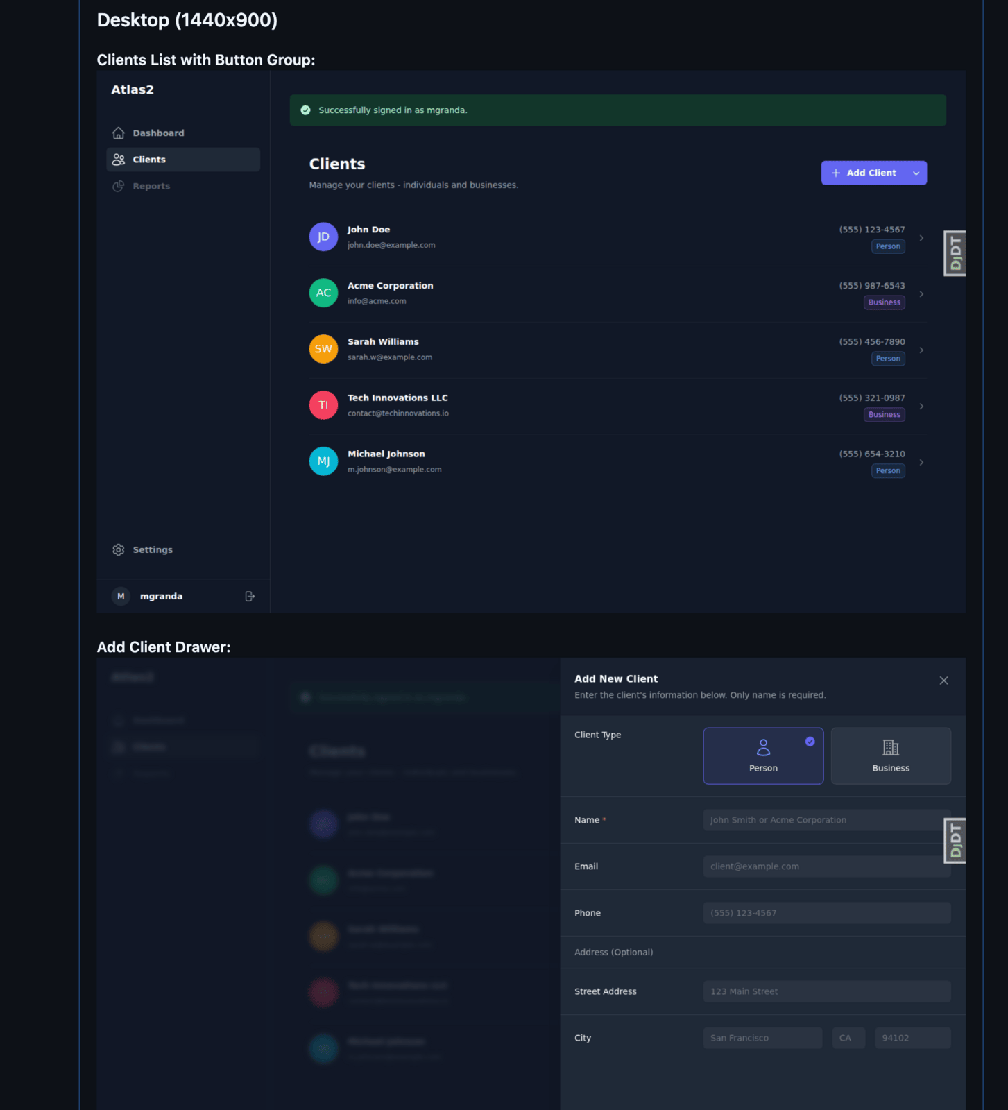 Desktop view: clients list and Add Client drawer at 1440x900